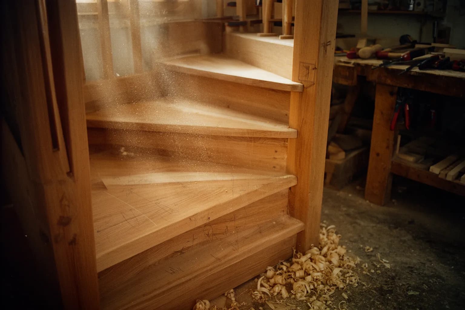 Escalier en chêne massif en cours de montage à l’atelier, serre-joints en place et copeaux au sol