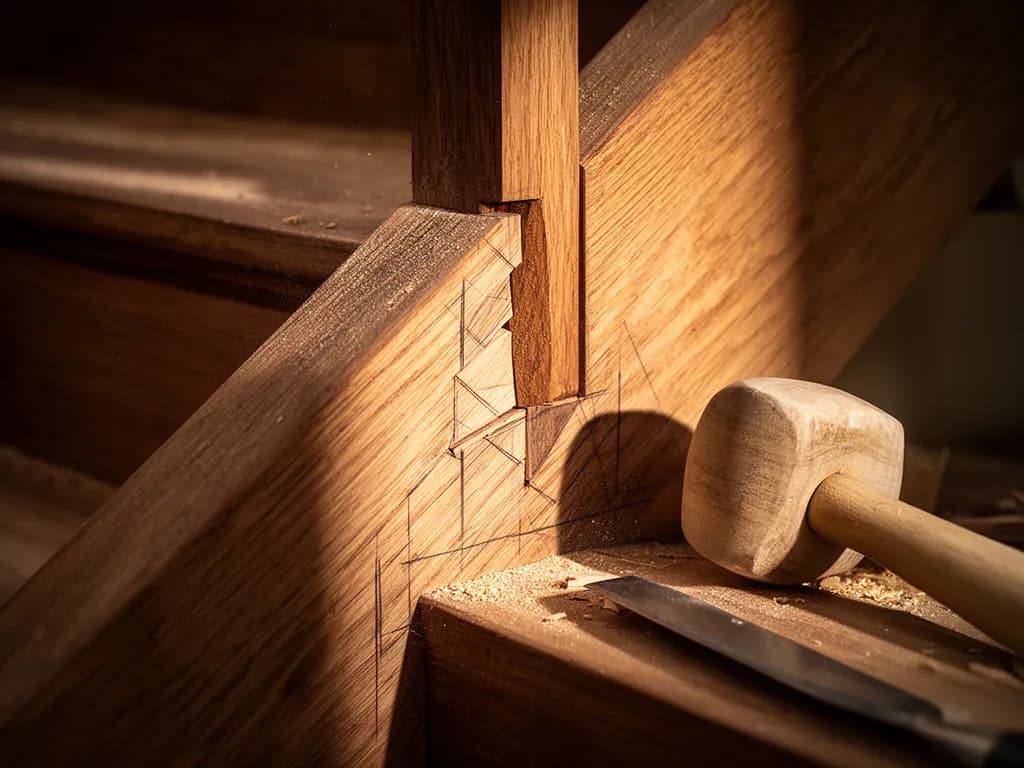 Assemblage à tenon et mortaise sur un limon d’escalier en chêne, ciseau à bois et maillet posés à côté