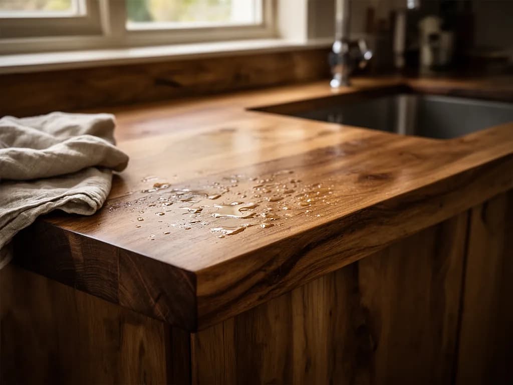Plan de travail de cuisine en chêne massif huilé, évier encastré et chant apparent