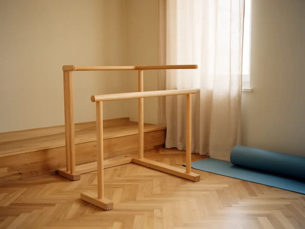Barres parallèles de rééducation en chêne clair sur un parquet à chevrons, près d’une grande fenêtre