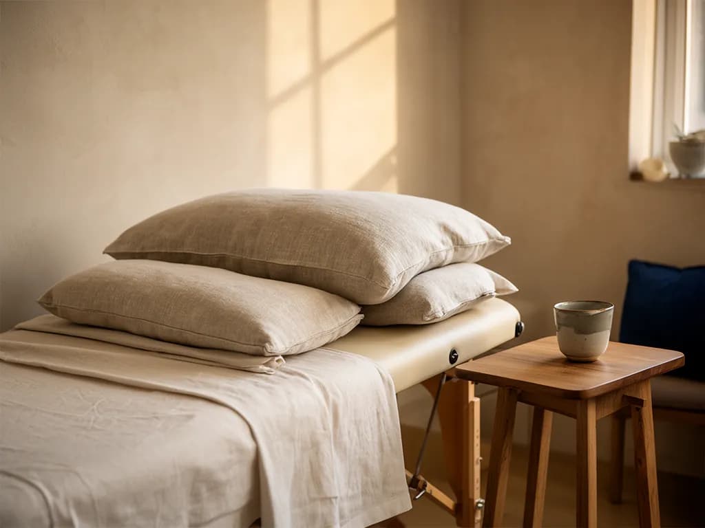 Table de soin avec drap de coton plié et deux coussins de positionnement en lin écru