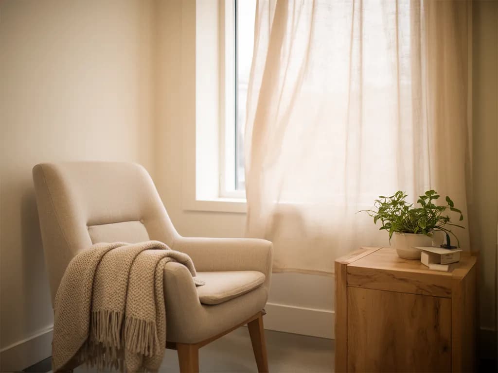 Coin calme pour la rééducation respiratoire : fauteuil en tissu écru face à une fenêtre, plaid plié