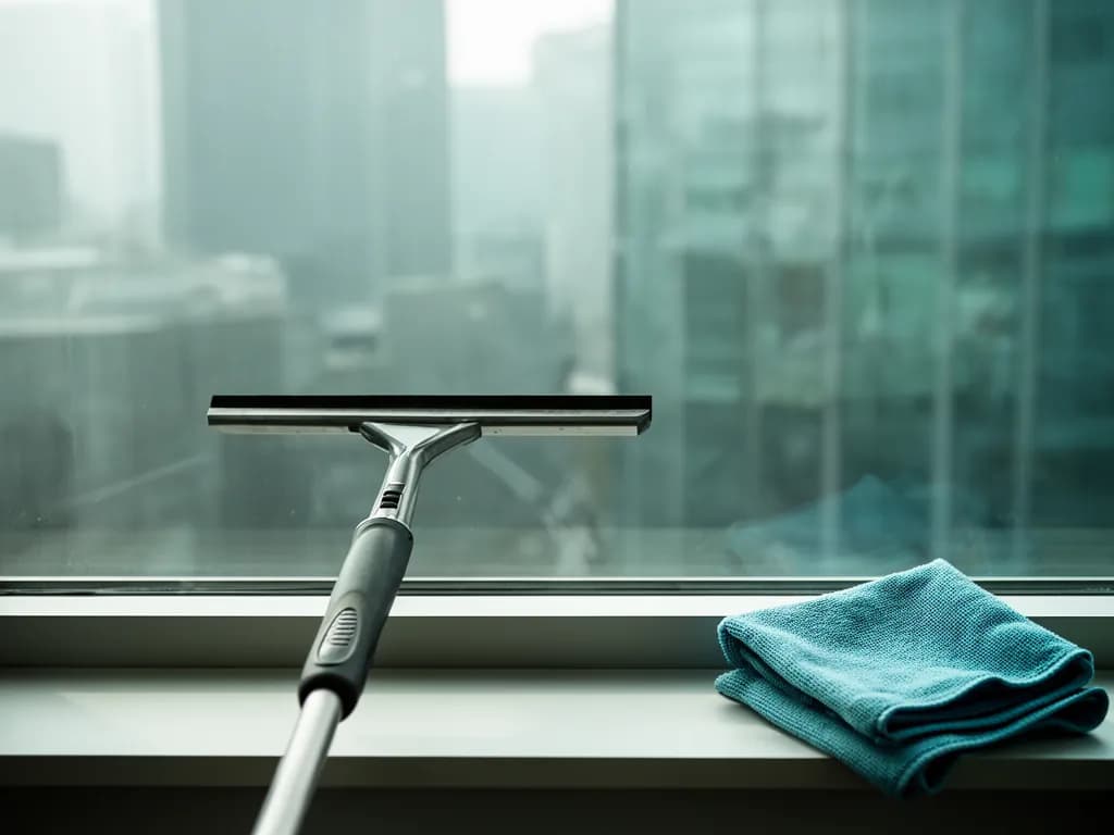 Vitre de bureau sans aucune trace après nettoyage, raclette et microfibre posées sur l’appui