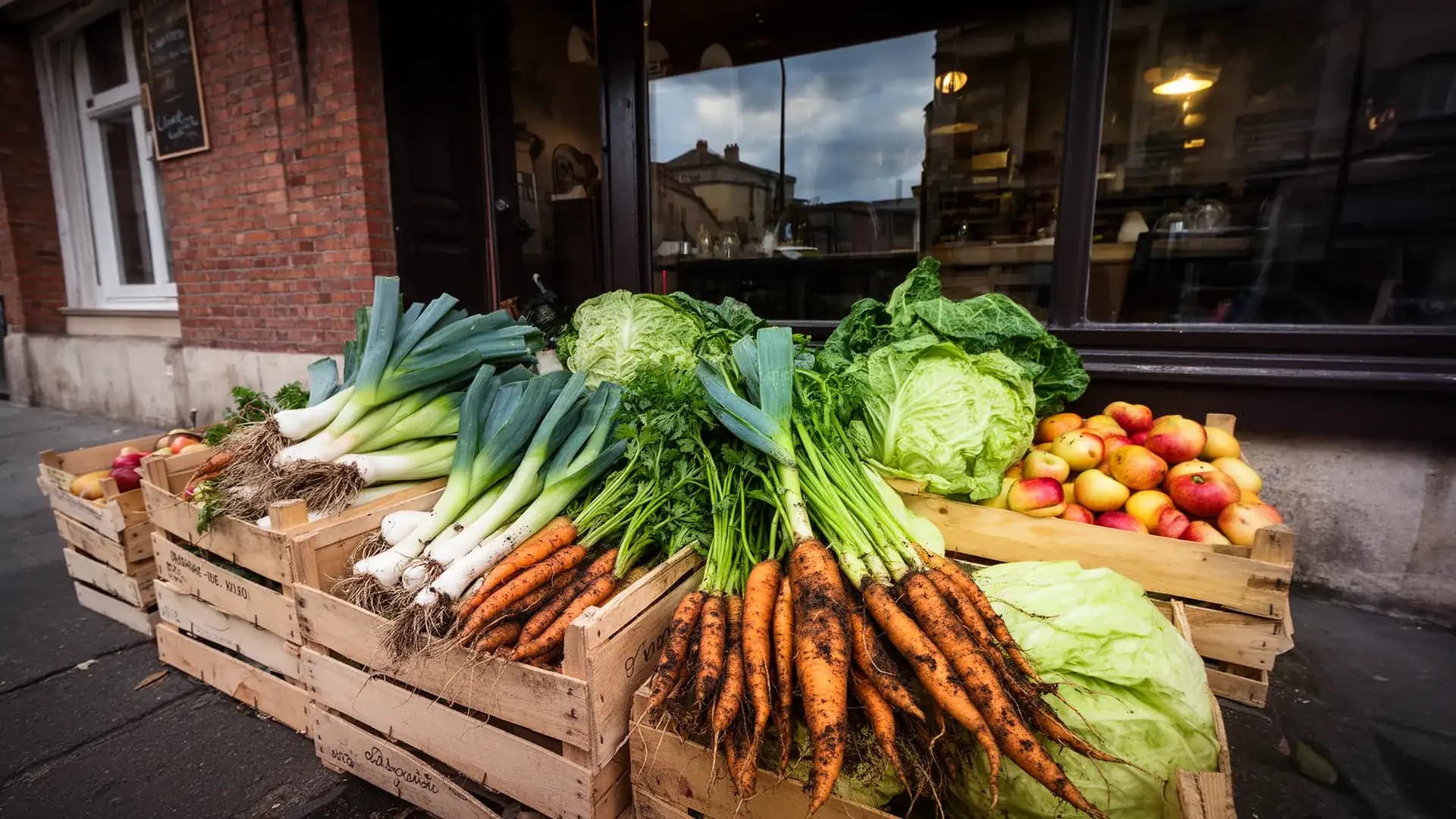 Cagettes de légumes du marché déposées devant le bistrot au petit matin : poireaux, carottes et choux