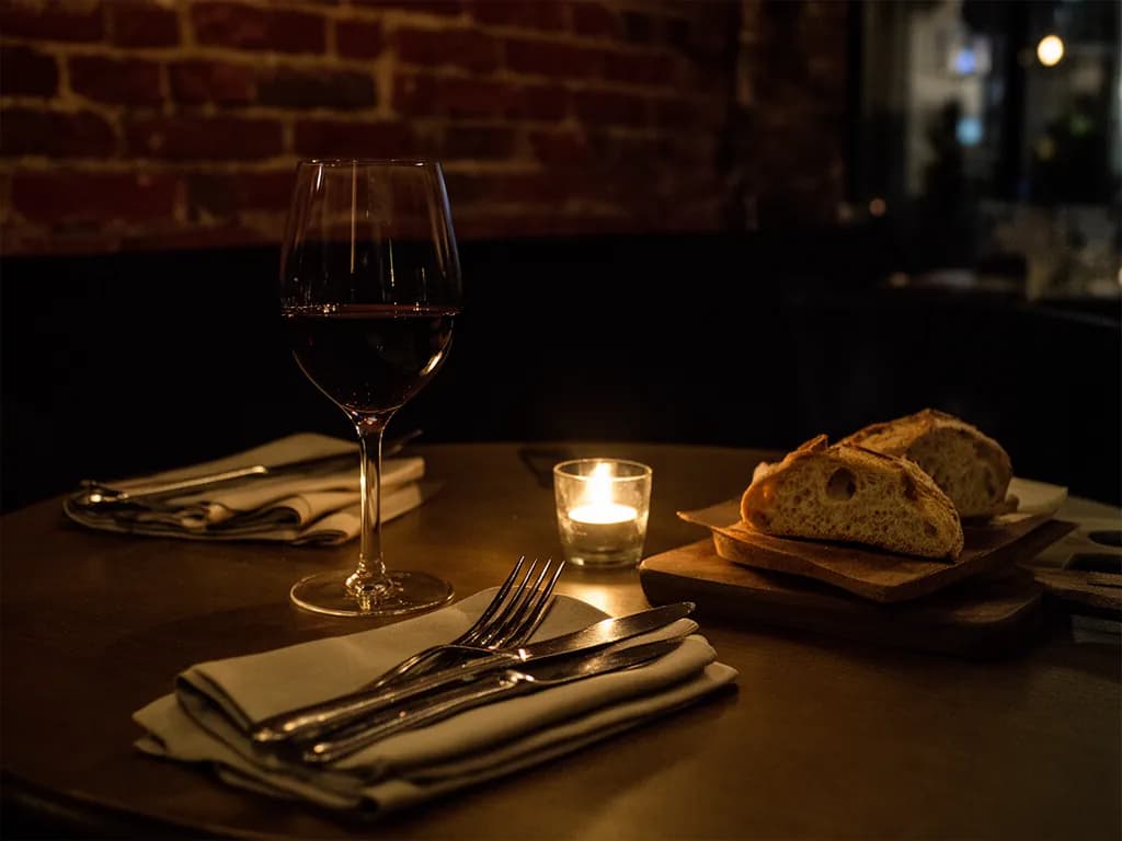 Table dressée pour le service du soir : verre de vin rouge, couverts sur serviette en tissu et pain sur planche
